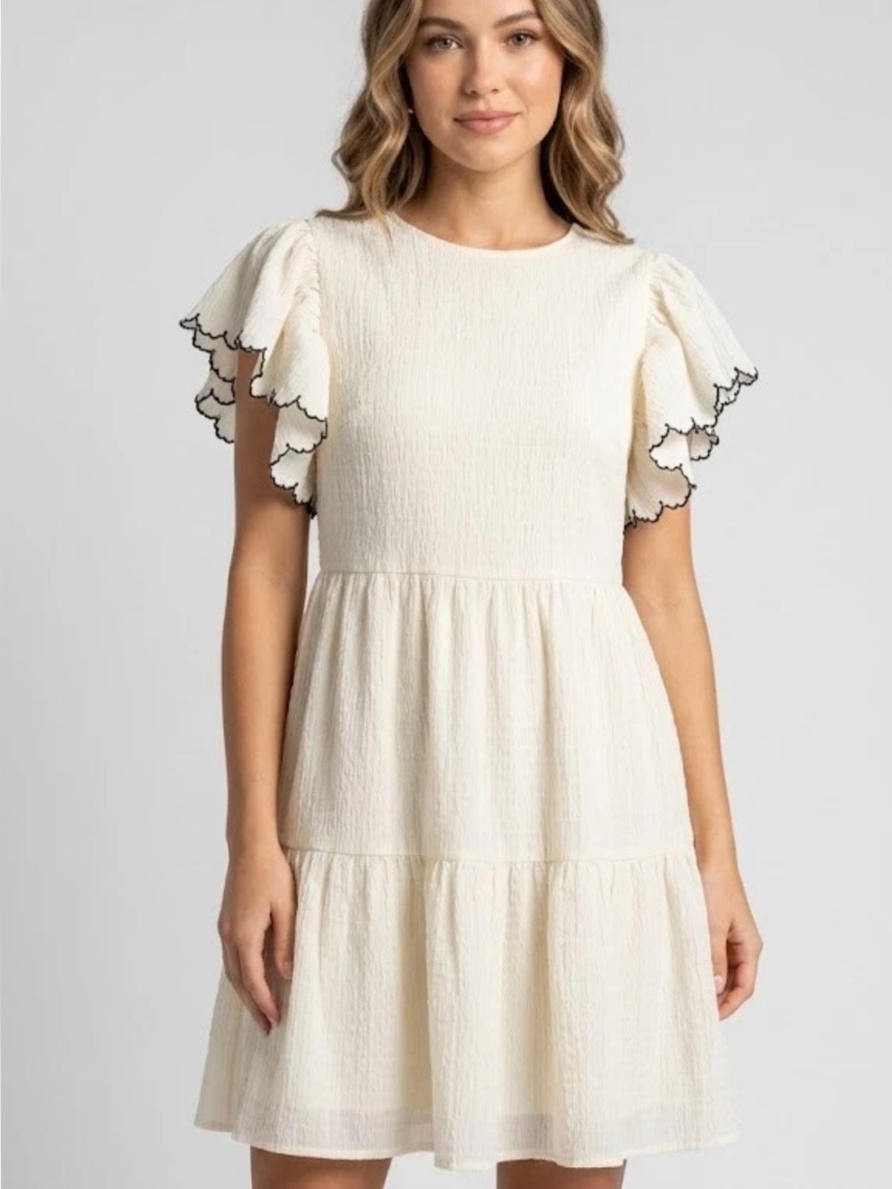 Who What Wear Cream Tiered Dress with Black Scallop Trim